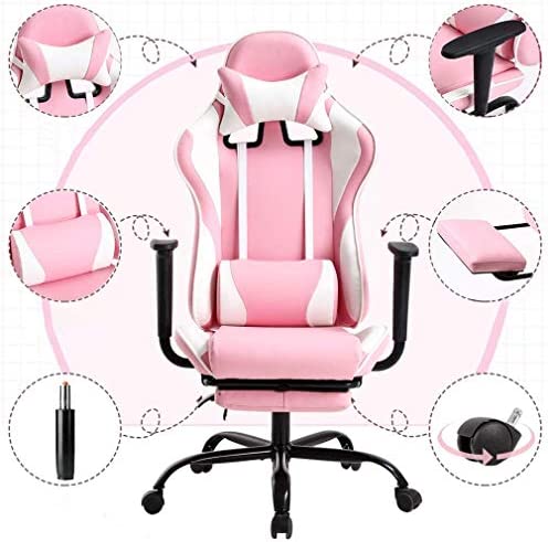 KLIM Gaming Chair Pink Kawaii Edition - New 2022 - PU Leather + High Back Ergonomic + Cute Kawaii Gaming Chair with Lumbar Support + Rabbit Ears + Tail + Kawaii Slippers 