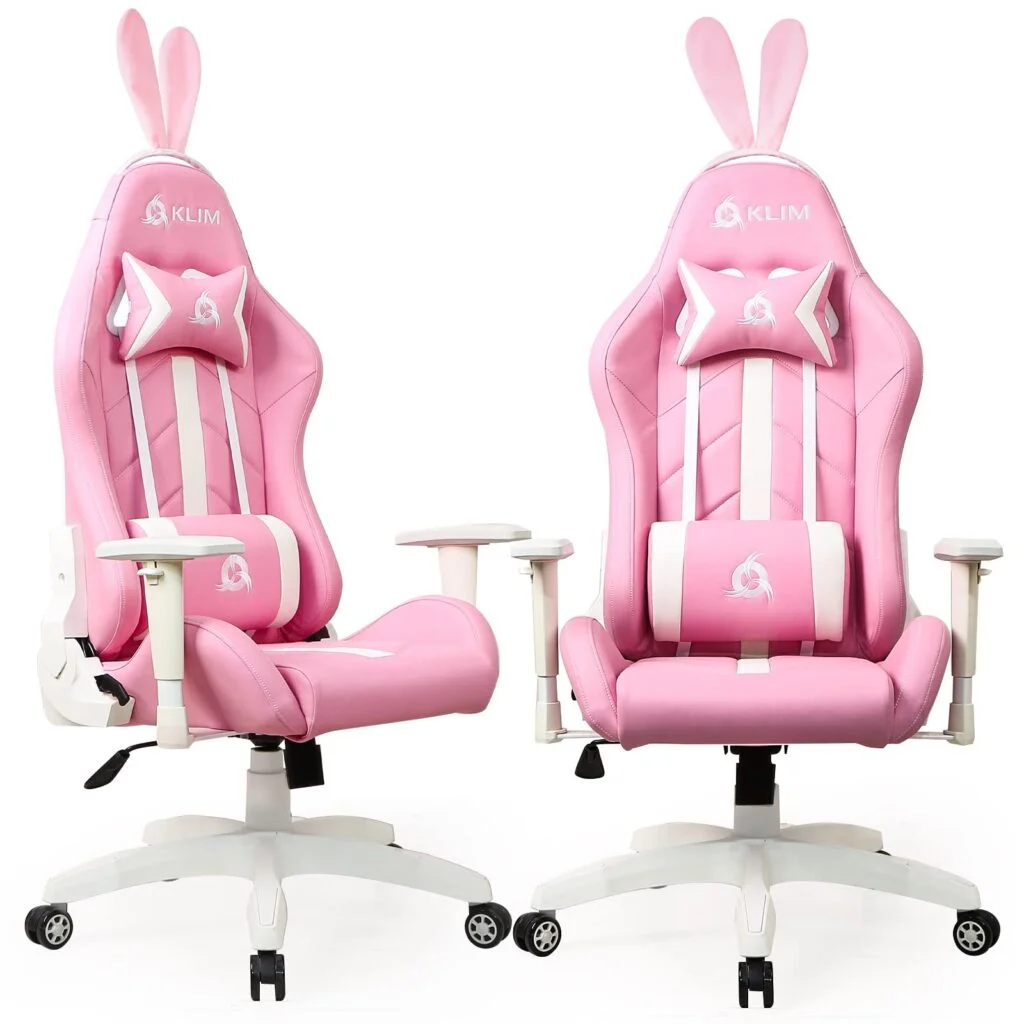 KLIM Gaming Chair Pink Kawaii Edition - New 2022 - PU Leather + High Back Ergonomic + Cute Kawaii Gaming Chair with Lumbar Support + Rabbit Ears + Tail + Kawaii Slippers 
