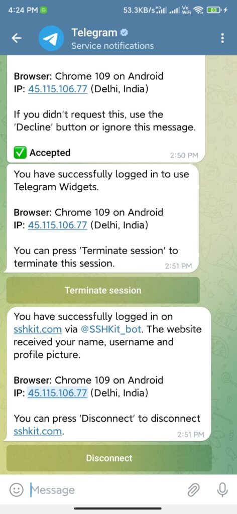 how to connect telegram to sshkit account