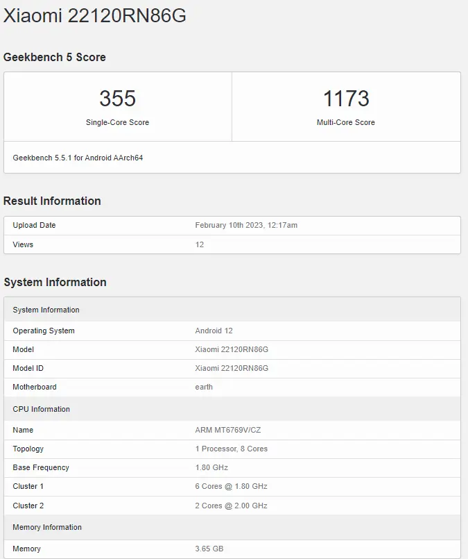 Redmi 12C Geekbench result surface the web!