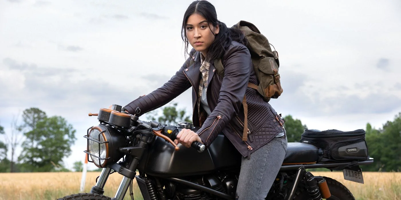 alaqua cox on a motorcycle in the mcu series echo 1