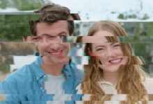 glitched image of nathan fielder and emma stone smiling in the curse