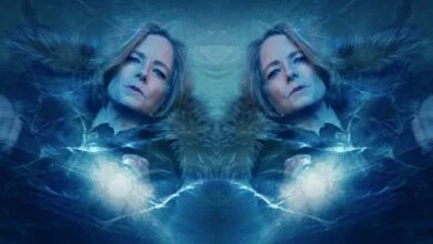 jodie foster shines a flashlight at the ice in this kaleidoscopic image from true detective season 4