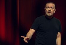 ricky gervais pointing the finger in his netflix stand up special