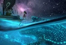 moana and maui on a sea craft being pulled by a whale